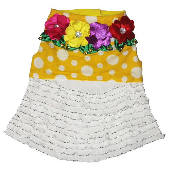 Embellished Floral Dress for Dogs, White & Yellow