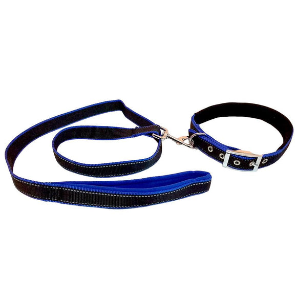Steel Buckle Foam Padded Leash & Collar Set for Dog, Blue & Black