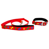 Coloured Paw-Bone Leash & Collar Set for Dog, Red
